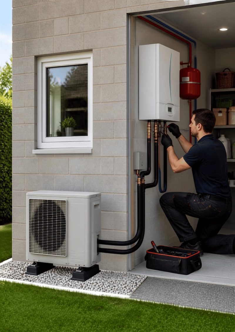 Installateur raccordant une pompe à chaleur air/eau dans un local technique
